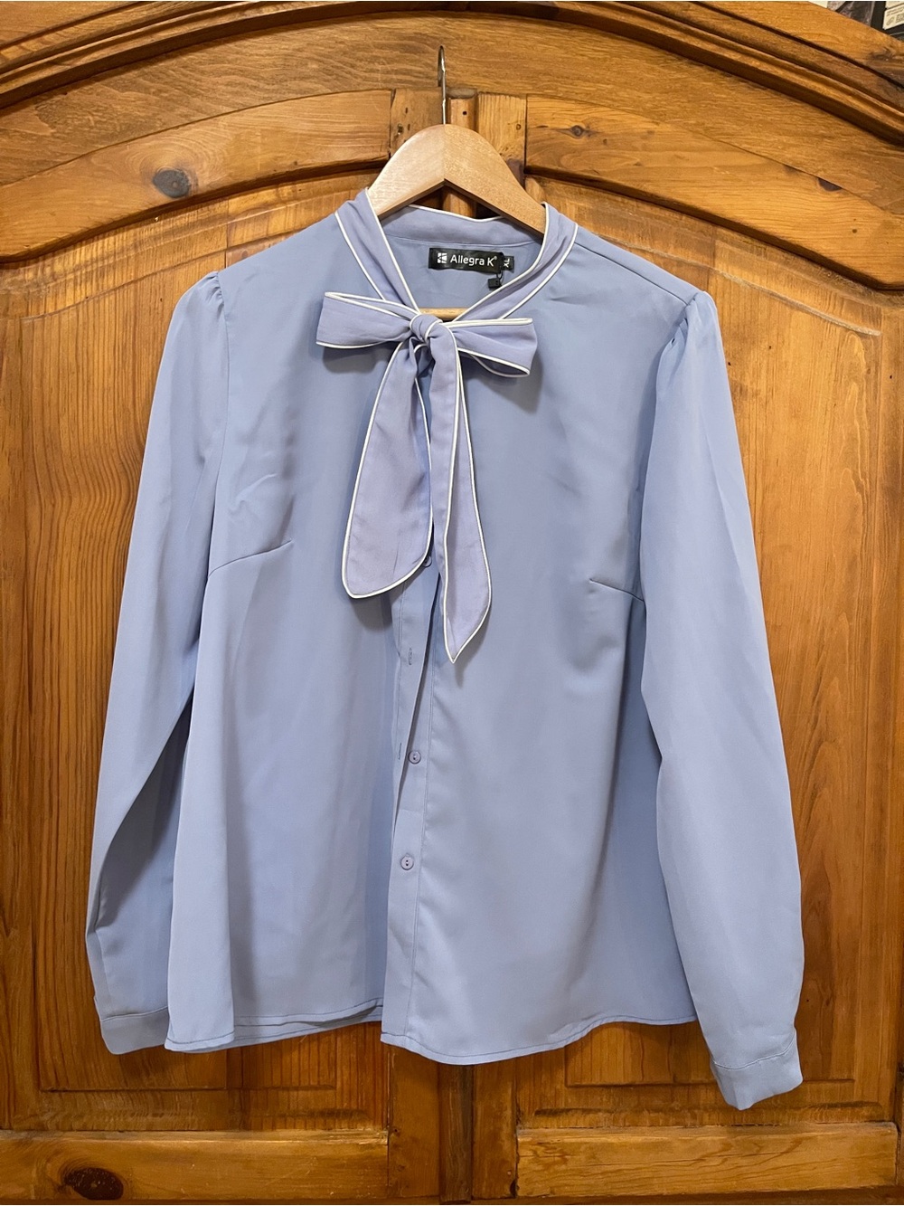 Allegra K Pale Blue Bow-Tie Button Blouse